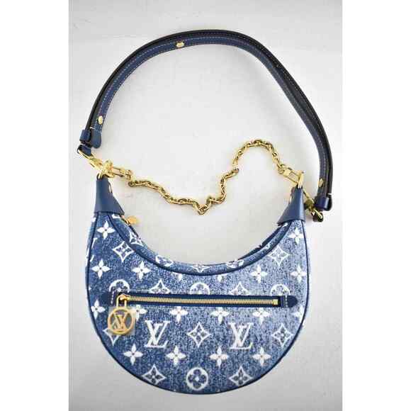 Louis Vuitton Loop Blue Denim Monogram Gold Chain Moon Crossbody Shoulder Bag - Picture 4 of 12